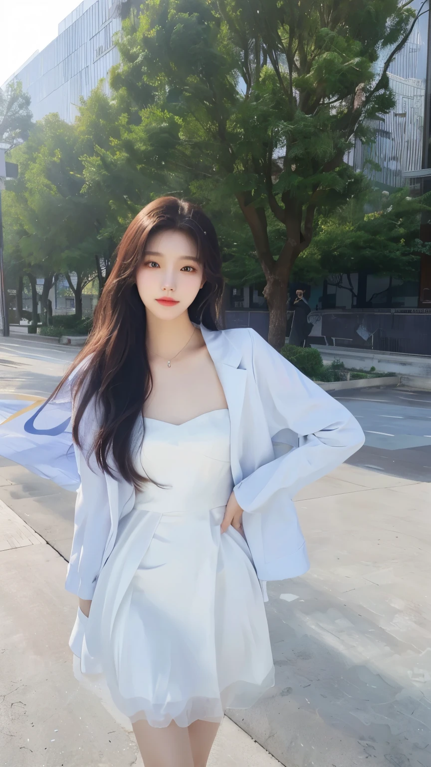 Ms. Alapi, wearing a white dress and blue jacket, poses for a photo, Urzag, ethereal beauty, xision wu, Wearing long, flowing clothes, Nam Jae-yeon, Shin Jinying, wenfei ye, The album cover, Bae Suzy, yanjun cheng, Ruan Jiamei!, shaxi, ethereal!!!!!!!, Translucent Dress, Korean Girl