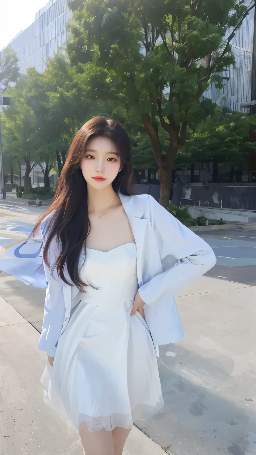 Ms. Alapi, wearing a white dress and blue jacket, poses for a photo, Urzag, ethereal beauty, xision wu, Wearing long, flowing clothes, Nam Jae-yeon, Shin Jinying, wenfei ye, The album cover, Bae Suzy, yanjun cheng, Ruan Jiamei!, shaxi, ethereal!!!!!!!, Translucent Dress, Korean Girl