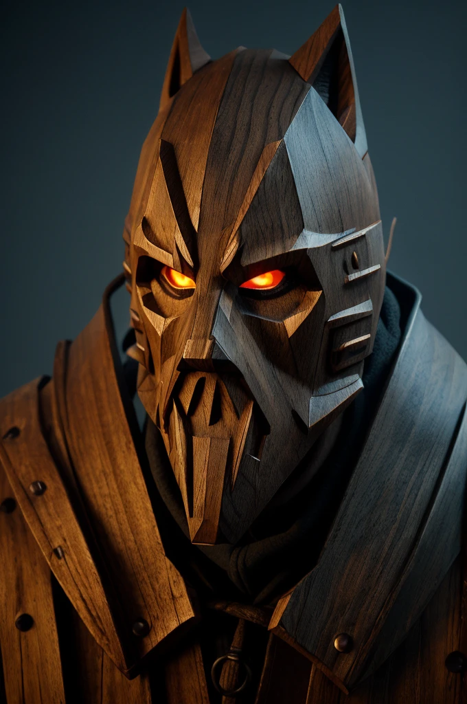 hyper realistic,staring the viewer,,eye contact,an men in overcoat,elder,with a lowpoly mask,fire glowing eyes,(wooden mask),viking,medieval,hand made mask,full face mask,hood,skyrim style,