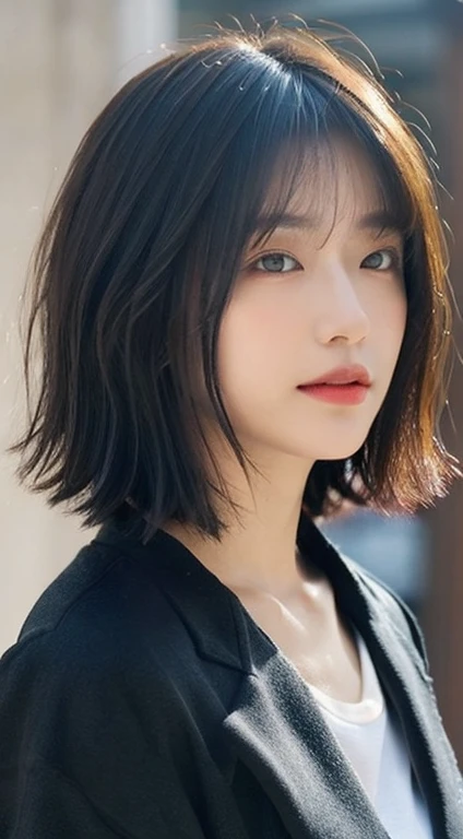 (8k、highest quality、masterpiece:1.2)、One woman、(Realistic、Realistic:1.9)、(Laughter:0.2)、Medium chest、Beautiful and detailed eyes、(solo:1.8)、(Looking at the audience:1.3)、Hair on wet hair、A woman wearing a white top and a grey jacket, picture, Short hair,Light bangs、 Chin-length hair, HeadshotProfile picture, Bob Cut Hair, French Bob Hair, Black bob hair
