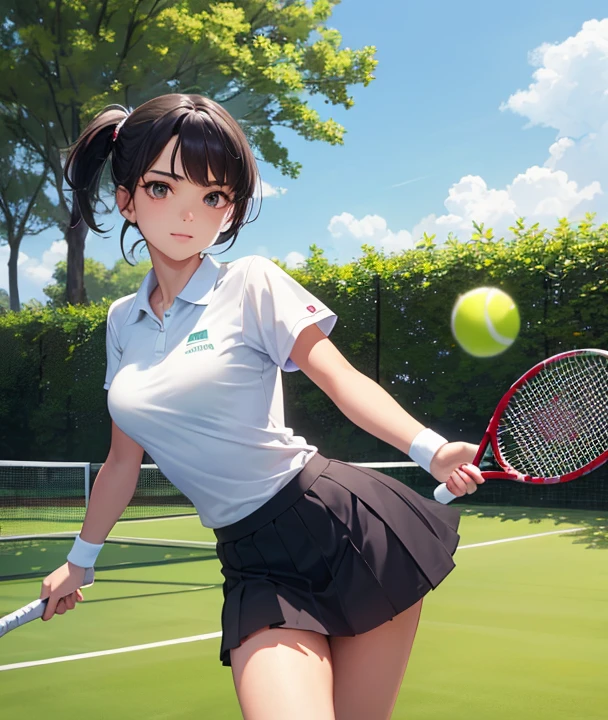 shining sun in a lush, green tennis court setting. The pristine white tennis ball rests gently in her hand, contrasting against the rich, vivid green of the court. The precise lines and textures of the tennis racket complete the scene, as the girl's determined expression and slight smile radiate confidence and passion for the game. The image, rendered in exquisite detail and stunning clarity, immortalizes a moment of pure focus and athletic grace. (Masterpiece, highest quality, tennis, polo shirt, sneakers, mini-skirt, captivating gaze, short black hair, mesmerizing brown eyes, vivid green tennis court, tennis ball, tennis racket, sun, l