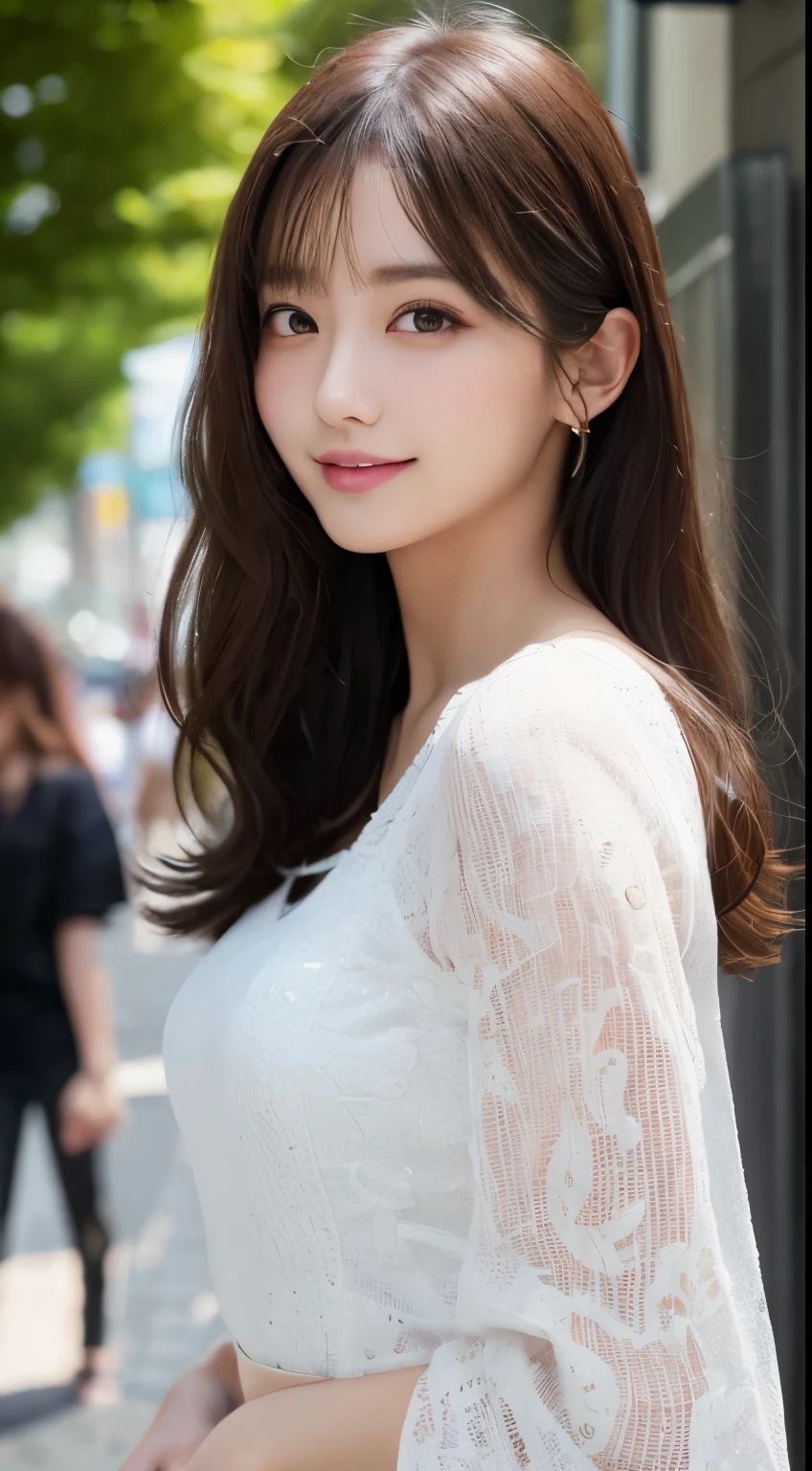 On the table, best quality, illustration, Super detailed, Fine details, high resolution, 8k wallpaper, Perfect dynamic composition, Beautiful and delicate eyes, Summer women's clothing,Medium Length Hair,Middle chest, Natural lipstick, Bold sexy pose,Smile,Harajuku、20 year old girl、Lovely、Sexy shot looking at camera