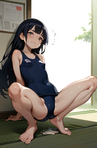 Japanese, Visible nipples、Black Hair、Long Hair、small size of breasts, Flat Chest、boyish、Squat posture、Spread your legs, Spread your legs, One piece swimsuit、Navy blue school swimsuit、Only One Woman、Front of body、looking at the camera、Shame play、Embarrassing、Are crying、Flowing Tears、Downcast eyes、Closed Mouth、barefoot、Woman urinating at school、