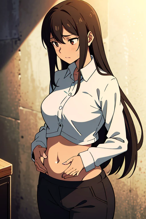 (masterpiece, top quality, best quality), brown skin anime girl wearing a V shaped collared no sleeve shirt and trousers, (her chest showing), famished in hunger, (gently resting hands on stomach), (sweating), (long hair), (hands on her stomach)