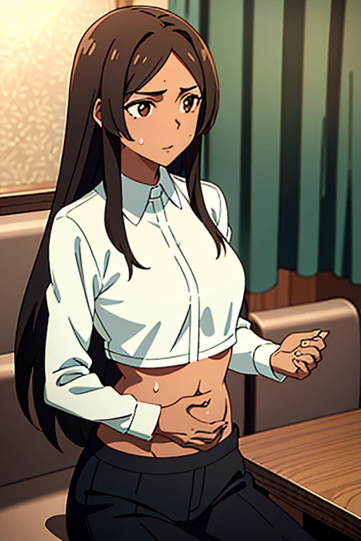 (masterpiece, top quality, best quality), brown skin anime girl wearing a V shaped collar sleeveless shirt and trousers, famished in hunger, (gently resting hands on stomach), (sweating), (long hair), (hands on her stomach)