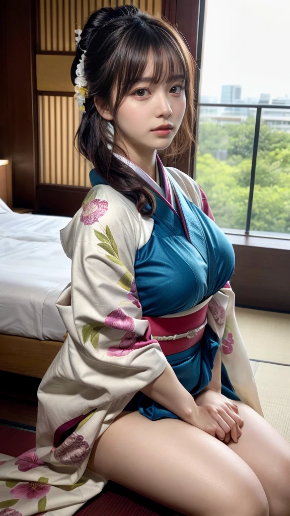 muste piece, best quality, illustration, Super detailed, fine details, High resolution, 8K,wall paper, perfect dynamic composition,(Details High quality, realistic depiction of eyes:1.3), (idol, kimono:1.3), ponytail, large breasts, black hair color, Big Natural Color Lip, bold sexy pose, crying a little、cold gaze, Harajuku style、30 year old girl、cute type、ta、beautiful legs, hotel room, hposing Gravure Idol