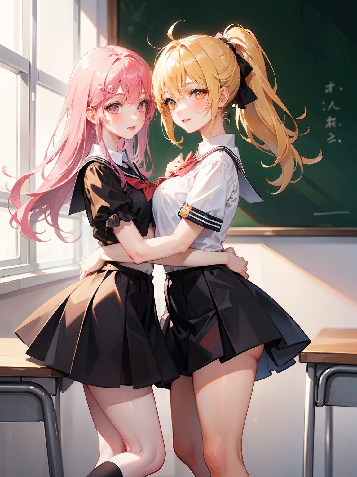 2 girls, hugging, Dynamic posing, dynamic angle,Top quality work，Show Legs，Shiny cream Dress，(short golden hair), (golden eyes), one girl with golden ponytail, lovely red lips, Rose cheeks, Pretty Face, A perfectly proportioned face, school shirt with red bow and black skirt, pink bra, (school uniform),  white stockings，in classroom，full-body view， amazing, Large round chest、Beautiful eye details、(Very slender eyes)、Beautiful eyelashes、beautiful double eyelid, Smilling, with blush cheeks,
