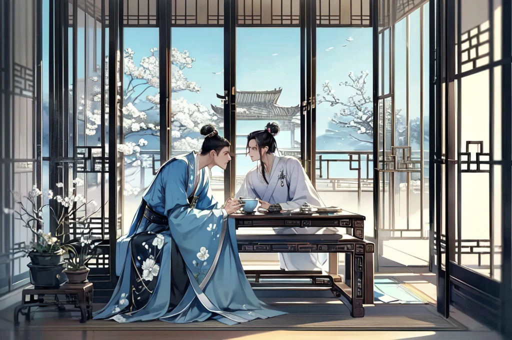 (masterpiece:1.2),best quality,PIXIV,
flower间酒, architecture, Multiple boys, east asian architecture, sitting, lattice, board game, flower瓶, Hanfu, Long sleeve, Chinese clothes, flower, Keep, Black Hair, 2 boys,Light kisses,kiss, robe, cup, indoors, scroll, teapot, Tree, Wide sleeves, table, Male focus, Soft cushion, Hair Bun, contour, Hand fan, permanent, Top knot, Book, single Hair Bun, Sliding Doors, landscape, Hair Bun, window, \(Purpose\), Shut up, arms, sky