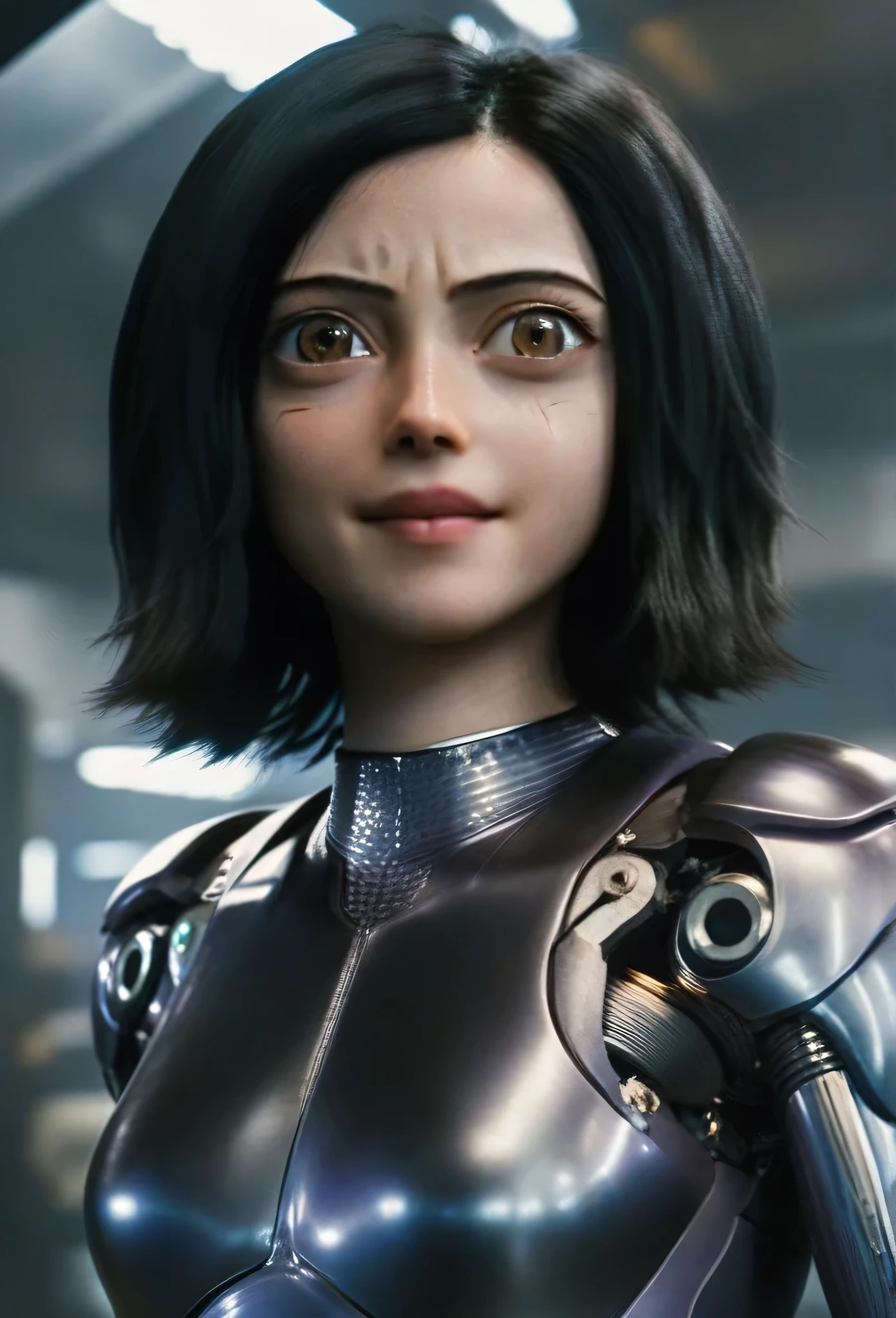 "alita battle angel" mechanical body, big smile, looking at the Viewer, big smile