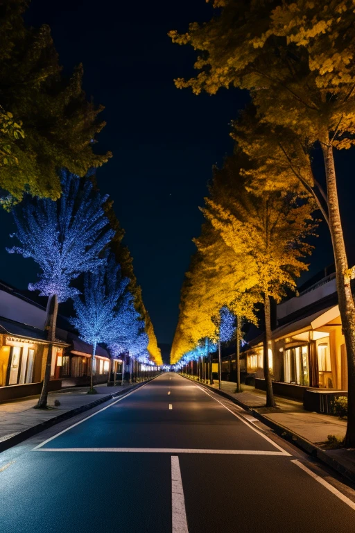 trees that they leaf shinning neon light along the street in the night
