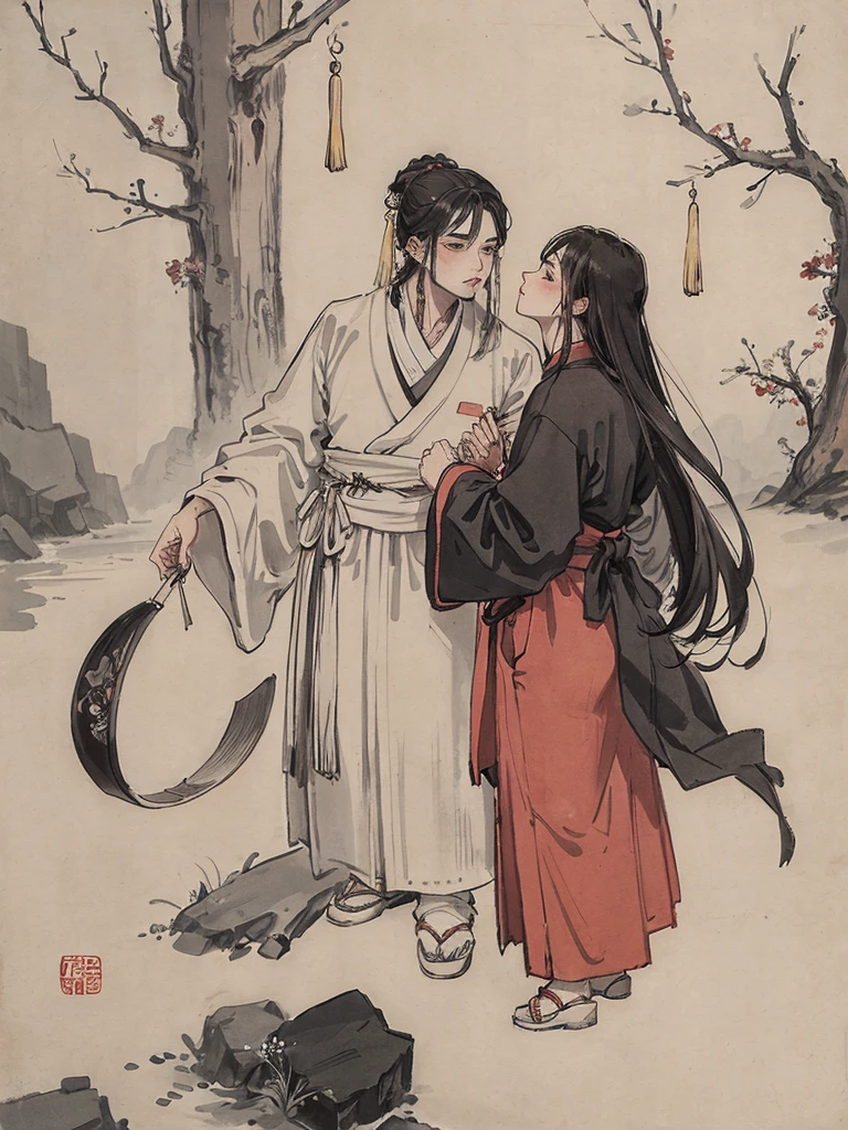(masterpiece, best quality: 1.2), Traditional Chinese ink painting, Two men,Kiss each other,Holding hands