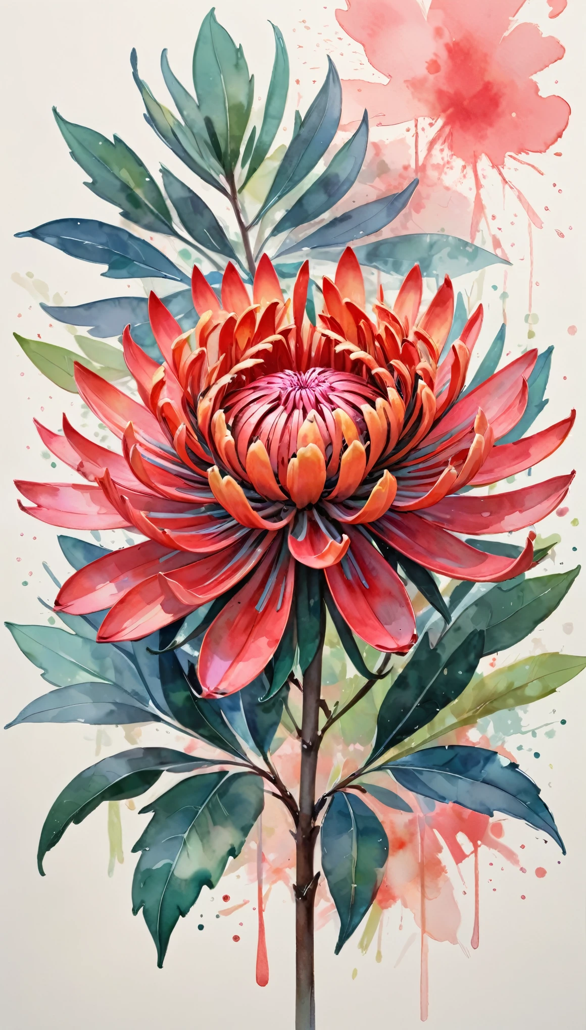 A single delicate and colorful bloom of the Waratah flower, centered, illustration design, flat design, Styles watercolor and ink splashes, detailed strokes, vibrant shades bright color palette, watercolor splashes, flat design, ethereal,4k