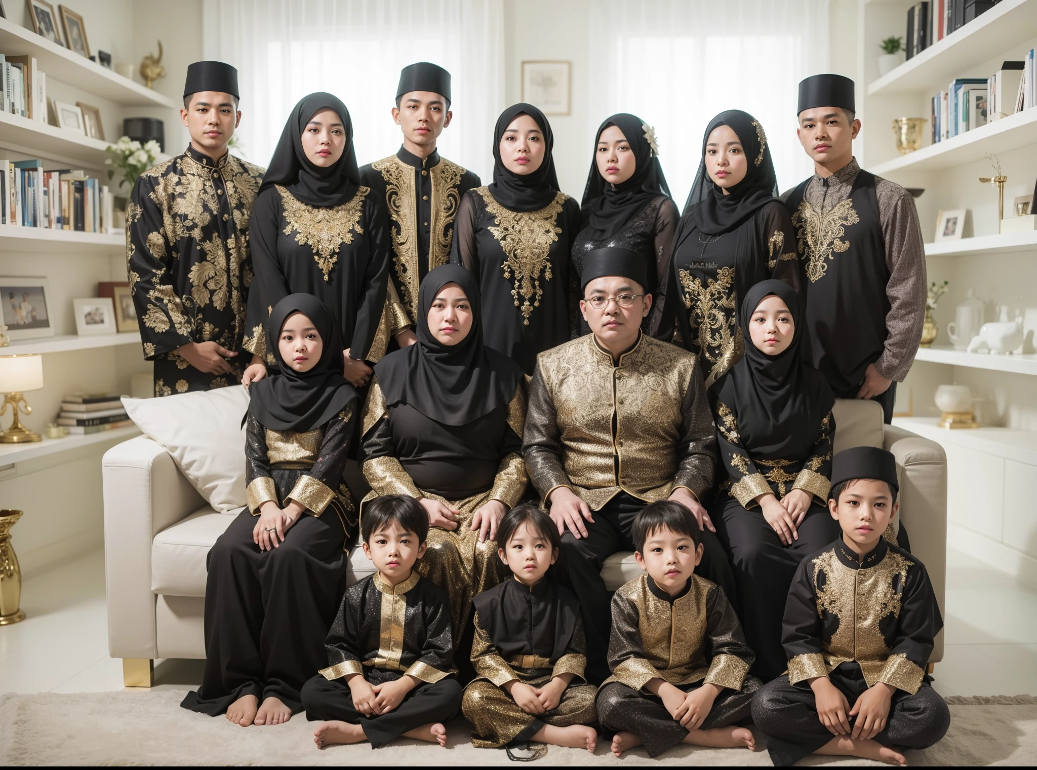 Family photo in Indonesia, fifteen members, four adult men, five adult women (chubby), three 10-year-old boys, two s, and one 4-year-old girl.earing matching black and gold Muslim outfits, looking luxurious. The photo was taken in a bright living room studio with a detailed green flower vase, in UHD, 16k resolution.