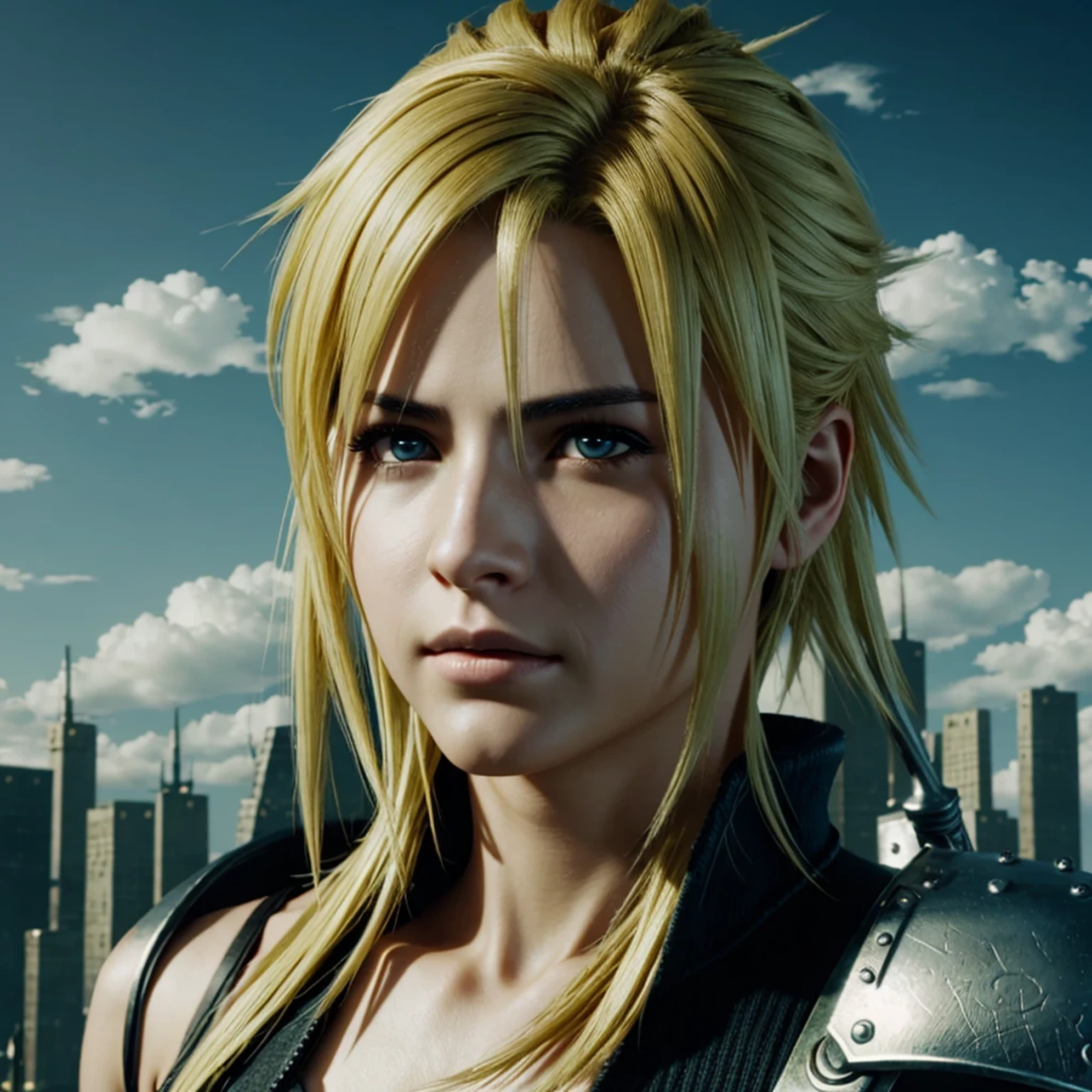 a close up of a person with a sword in a city, cloud strife, portrait of cloud strife, from final fantasy vii, final fantasy 7, from ff7, ff 7, cloud, from final fantasy, final fantasy face, final fantasy character, final fantasy, final-fantasy, final - fantasy, square enix, final fantsy, closeup portrait shot