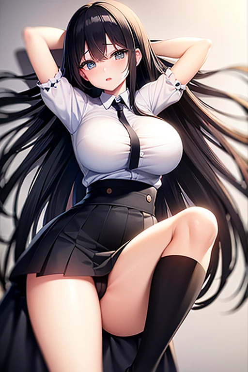 Italian girl, 25 years old, very long black hair, super gigantic breasts, thin, wearing a white shirt and a pleated black miniskirt, in a school classroom
