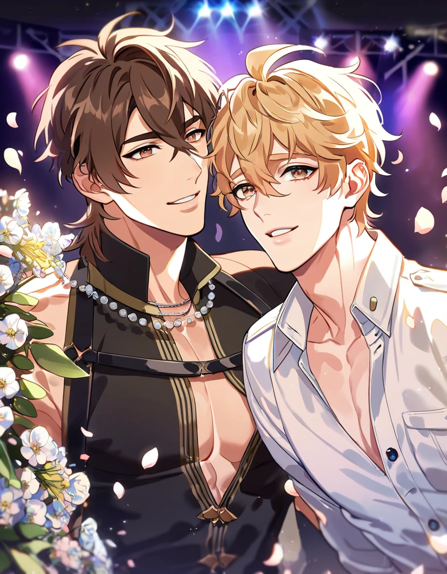 absurdres, highres, ultra detailed, HDR, master piece, best quality, perfect face, beautiful eyes, delicate features, Quincy, blond messy hair, expressive amber eyes, Nu Carnival, Eiden, brown hair, expressive brown eyes, two men together, gay couple, handsome, idols, idol white and black clothes, stage, lights, petals, flowers