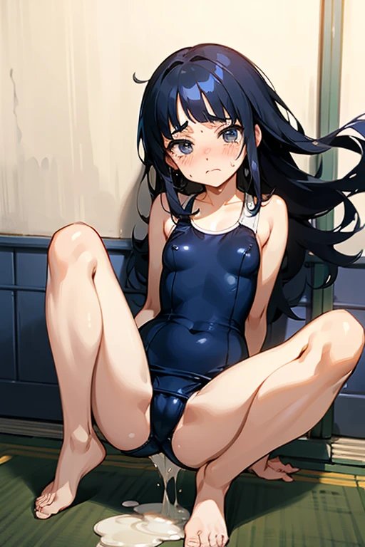 Japanese, Visible nipples、Black Hair、Long Hair、small size of breasts, Flat Chest、beautiful girl、Squat posture、Spread your legs, Spread your legs, One piece swimsuit、Navy blue school swimsuit、Only One Woman、Front of body、looking at the camera、Shame play、Embarrassing、Are crying、Flowing Tears、Small pupils、Closed Mouth、barefoot、Woman urinating at school