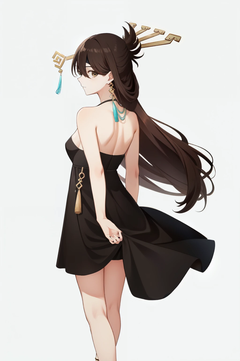 beidou(genshin impact), white background, brown hair, from behind, eyepatch, solo, simple background, brown eyes, back, bare shoulders, hair ornament, jewelry, dress, earrings, long hair, looking at viewer, looking back, 1girl, hairpin, black dress, high heels
