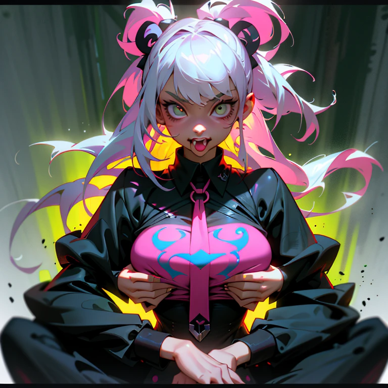 a close up of a person sticking their tongue out, artstyle : ilya kuvshinov, psycho magick fuck it insane, chromatic 3d geometry, 🤬 🤮 💕 🎀, cryptidcore, white border frame, insane quality, tiktok, cgsociety ), contaminated, insane, extremy detailed, with fangs, terminals, primal Full body portrait, (Big Breast: 1.4) popular in CGSTATION, wlop. 4K、highlight in eyes