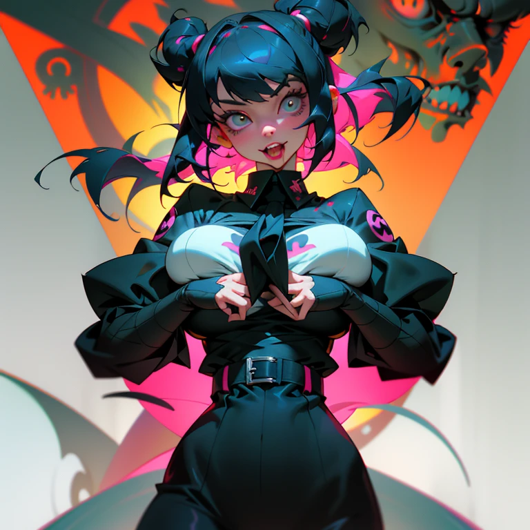 a close up of a person sticking their tongue out, artstyle : ilya kuvshinov, psycho magick fuck it insane, chromatic 3d geometry, 🤬 🤮 💕 🎀, cryptidcore, white border frame, insane quality, tiktok, cgsociety ), contaminated, insane, extremy detailed, with fangs, terminals, primal Full body portrait, (Big Breast: 1.4) popular in CGSTATION, wlop. 4K、highlight in eyes