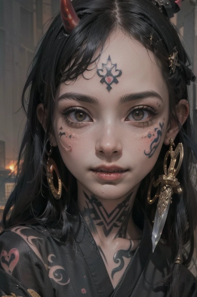 (Realistic:1.3), masterpiece, highest quality, (Intricate details:1.2), (scenery:1.3), Beautiful Face, (Black Theme:1.3), (((1 girl, A girl wearing a patterned kimono and holding a dagger in her hand, (Mira Waiwer:1.3), (Face Tattoos:1.2), Small demon horn, ))), whole body, Divide in half

