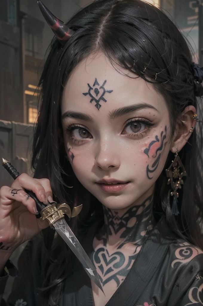 (Realistic:1.3), masterpiece, highest quality, (Intricate details:1.2), (scenery:1.3), Beautiful Face, (Black Theme:1.3), (((1 girl, A girl wearing a patterned kimono and holding a dagger in her hand, (Mira Waiwer:1.3), (Face Tattoos:1.2), Small demon horn, ))), whole body, Divide in half