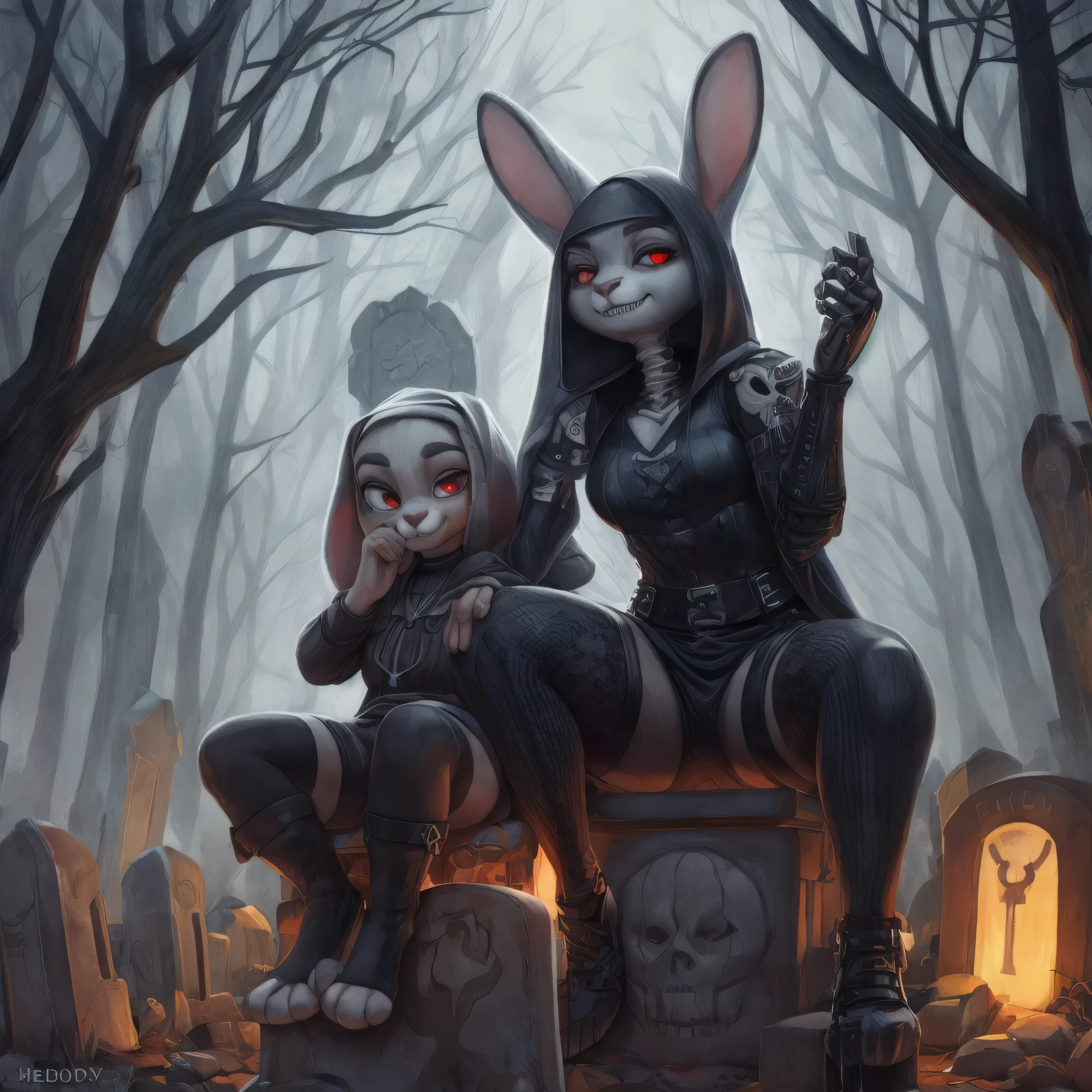 By chelodoy,2 girls, Judy Hopps, goth outfit , stockings, sitting on the skeleton, red eyes, glowing eyes, smirk, holding skull, on the graveyard, fog, night, (detailed face, detailed eyes)