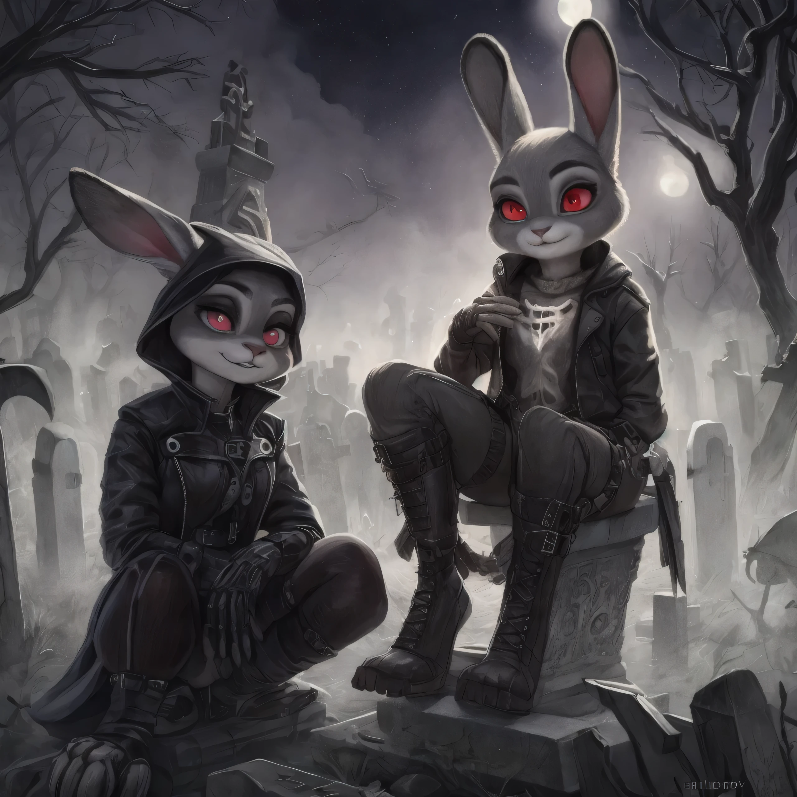 By chelodoy,2 girls, Judy Hopps, goth outfit , stockings, sitting on the skeleton, red eyes, glowing eyes, smirk, holding skull, on the graveyard, fog, night, (detailed face, detailed eyes)