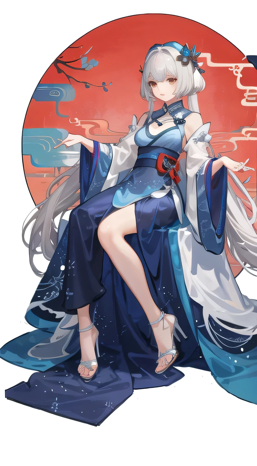 girl,whole body,(Delicate face:1.2), masterpiece, Fashion,cheongsam,, long hair, Silverhair, Double tail, Bangs, Brown eyes,