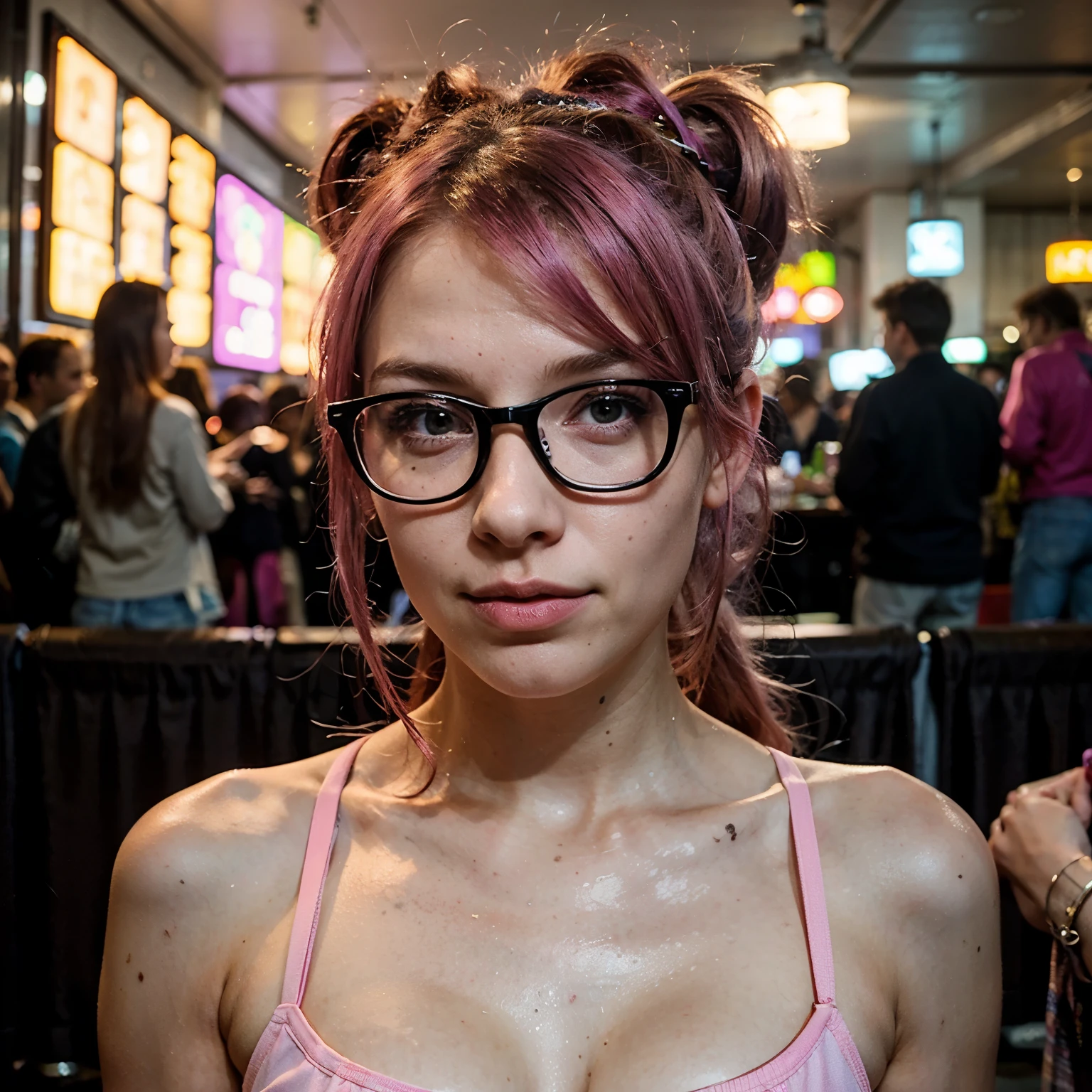 realistic photo, Pink hair girl, 26 years old, taking a selfie, looking directly in the camera, wearing glasses, looks super beautiful, hair is in a ponytail, making a funny face, in background is a city in the middle of the night