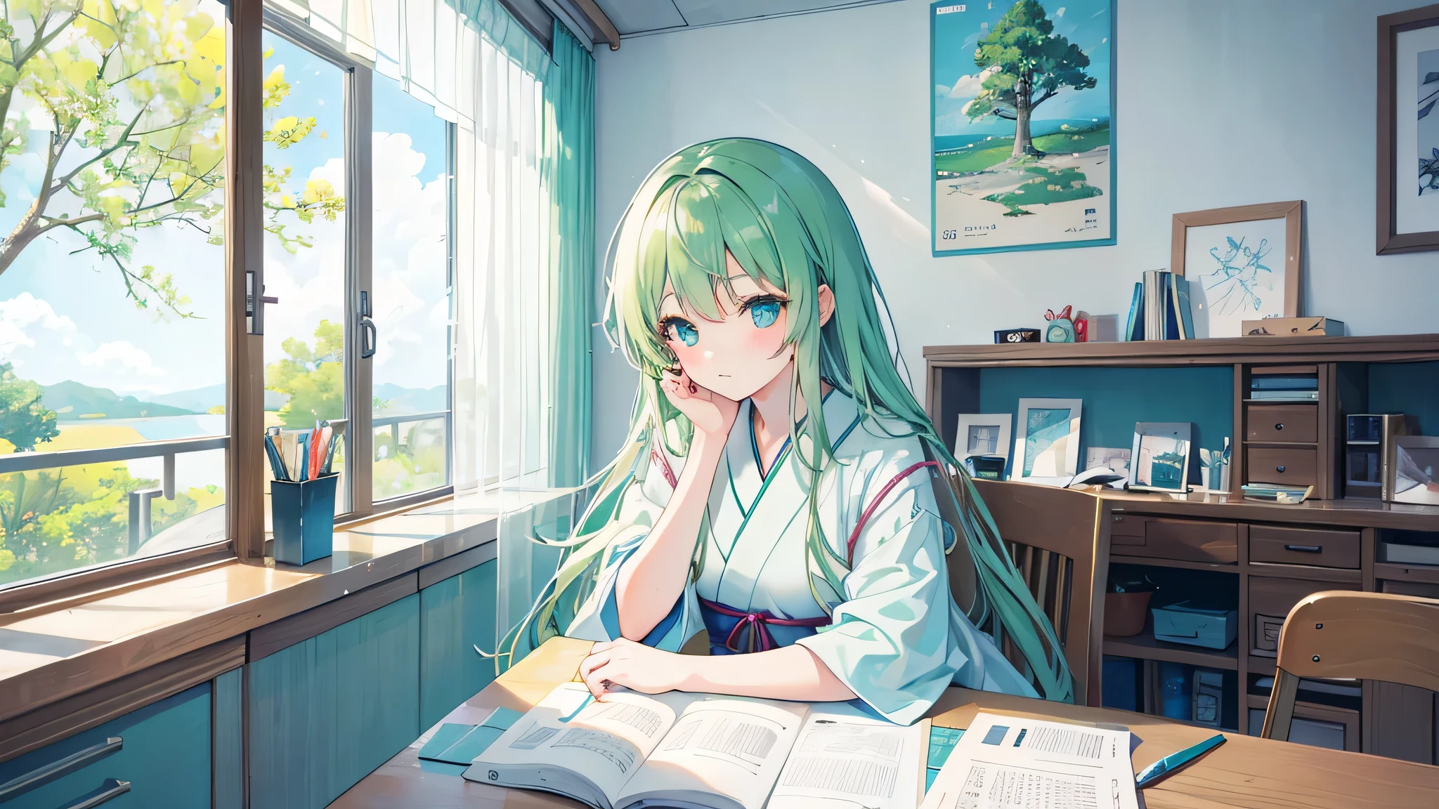Illustration, Japanimation style, super high quality, white, green, light blue, refreshing early summer season, sunny day, Japanese, high school girl, cute, beautiful girl, close-up profile, in her room, at a desk by the wall I am sitting in a chair studying, holding a pen in my right hand, writing in a notebook, the window is open, there are green trees outside, white curtains are waving in the breeze.