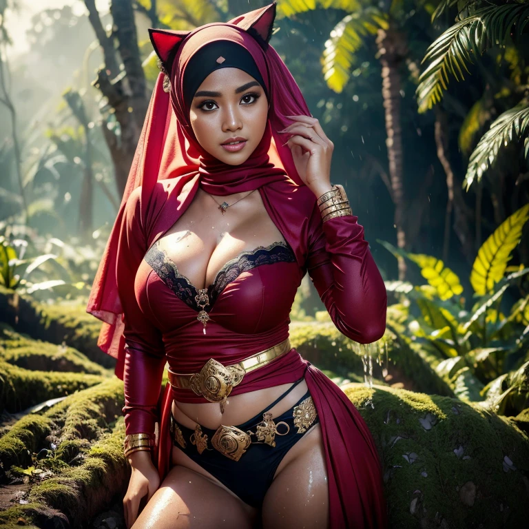 (((Two:2 Malay hijab girls in group, super gorgeous malay girls with big breasts, big breasts, big breasts, two:2 MAPAY women in lingerie posing for a picture in a jungle, oppai, posing together in bra, MIRA FILZAH and IMAN TAYORE, red bra, all red, oppai proportions, sexy :8, 4k))), 4 k ], big breasts!, bottom angle, big breasts!!, Malay beauties, biomechanical oppai, fujita goro and jones, thicc,RAW, Best quality, high resolution, masterpiece: 1.3), beautiful Hijab Malay woman in raincoat, high resolution, Masterpiece: 1.3,  Masterpiece, Soft smile,  black hair, crouching on rock, raining, vines all around, giant and wet trees ,bright sunshine, highres,4k,HDR,2 girls, photorealistic, realistic,sweat skin, wet bikini, wet body, big breast, ((full body))soaked, dripping, smiling at viewer, closeup, wearing hijab, hijab star, hijab gorgeous, hijab super model, Malaysian girls group,malay, The whole body consists of a young girl with hijab, Eye makeup, 21yo, Cat ears, Soft lighting, group, Wear shabby clothes, Dirty, Tattered futuristic bikini, Cat's paw badge, Pose, spot color, rendering by octane, Ultra-realistic intricate details, Cinematic, 8K resolution, 70mm, emphasis lighting, Global illumination, Full body portrait, clean detailed faces, Complex clothing, Cute face,  (((wearing a Sexy belt design by LV))) Surreal full-body figure, Beautiful and delicate body and face, gorgeous figure, ssmile, Titillating，Surreal full-body figure，Beautiful and detailed body and face, Super vista, White skin of the, vivd colour,🔥8k, masterpiece, RAW photo, best quality, (18k detail:1.2), photorealistic, extremely, deep shadow, earrings, bracelets, necklace,