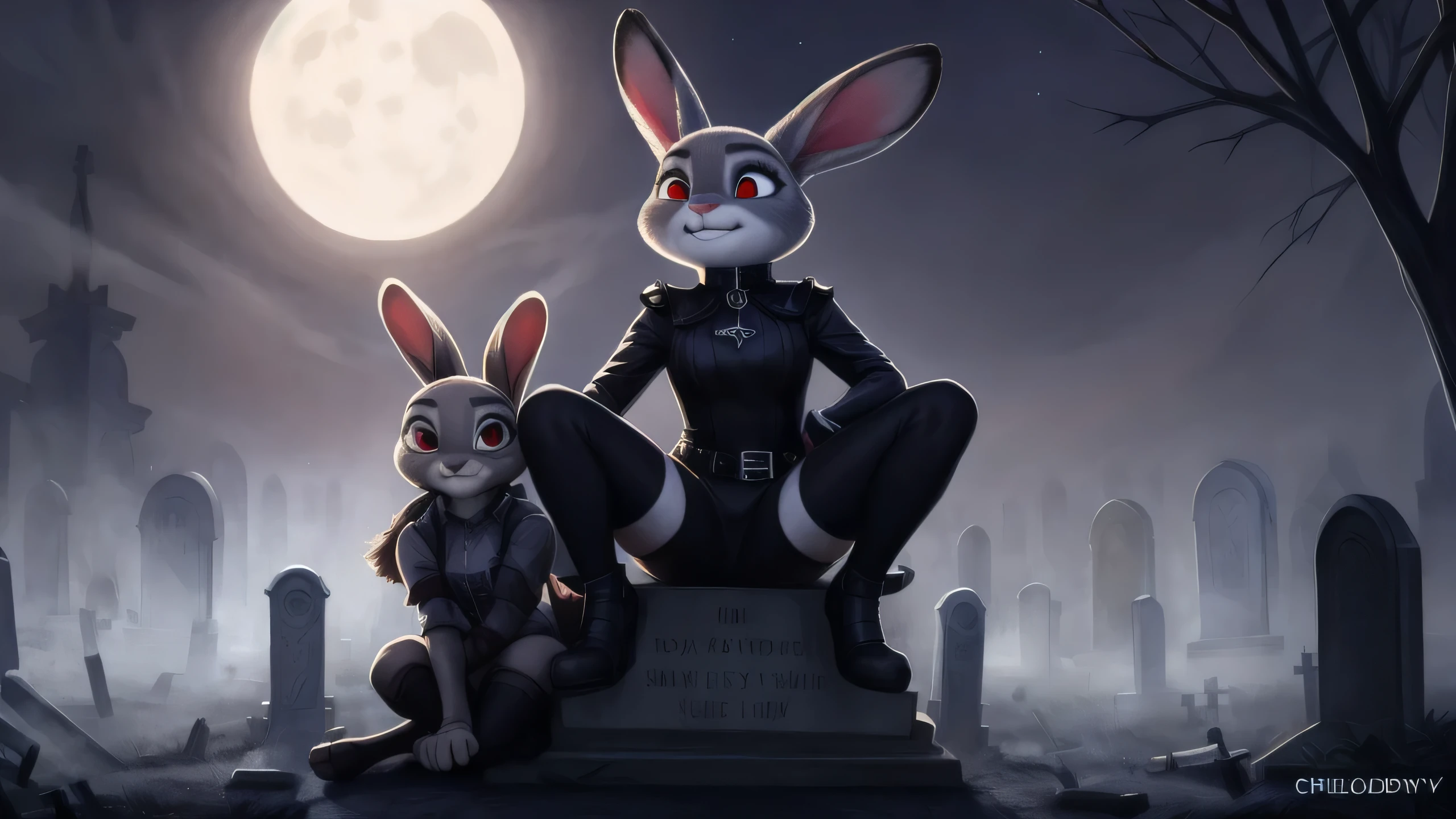By chelodoy,2 girls, Judy Hopps, goth outfit , stockings, sitting on the skeleton, red eyes, glowing eyes, smirk, holding skull, on the graveyard, fog, night, (detailed face, detailed eyes)