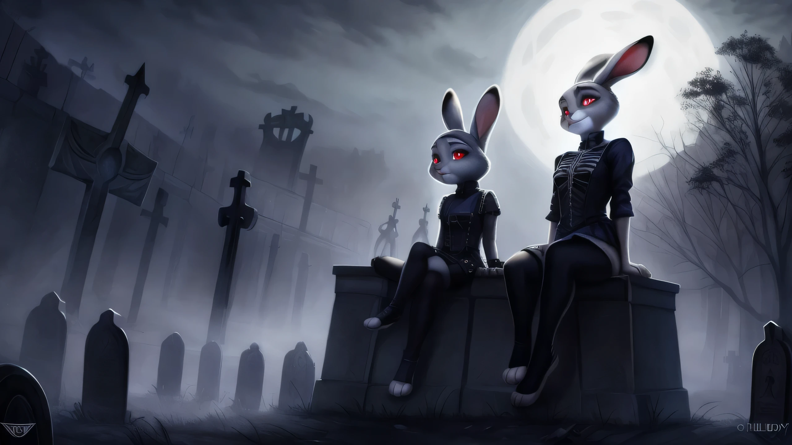 By chelodoy,2 girls, Judy Hopps, goth outfit , stockings, sitting on the skeleton, red eyes, glowing eyes, smirk, holding skull, on the graveyard, fog, night, (detailed face, detailed eyes)