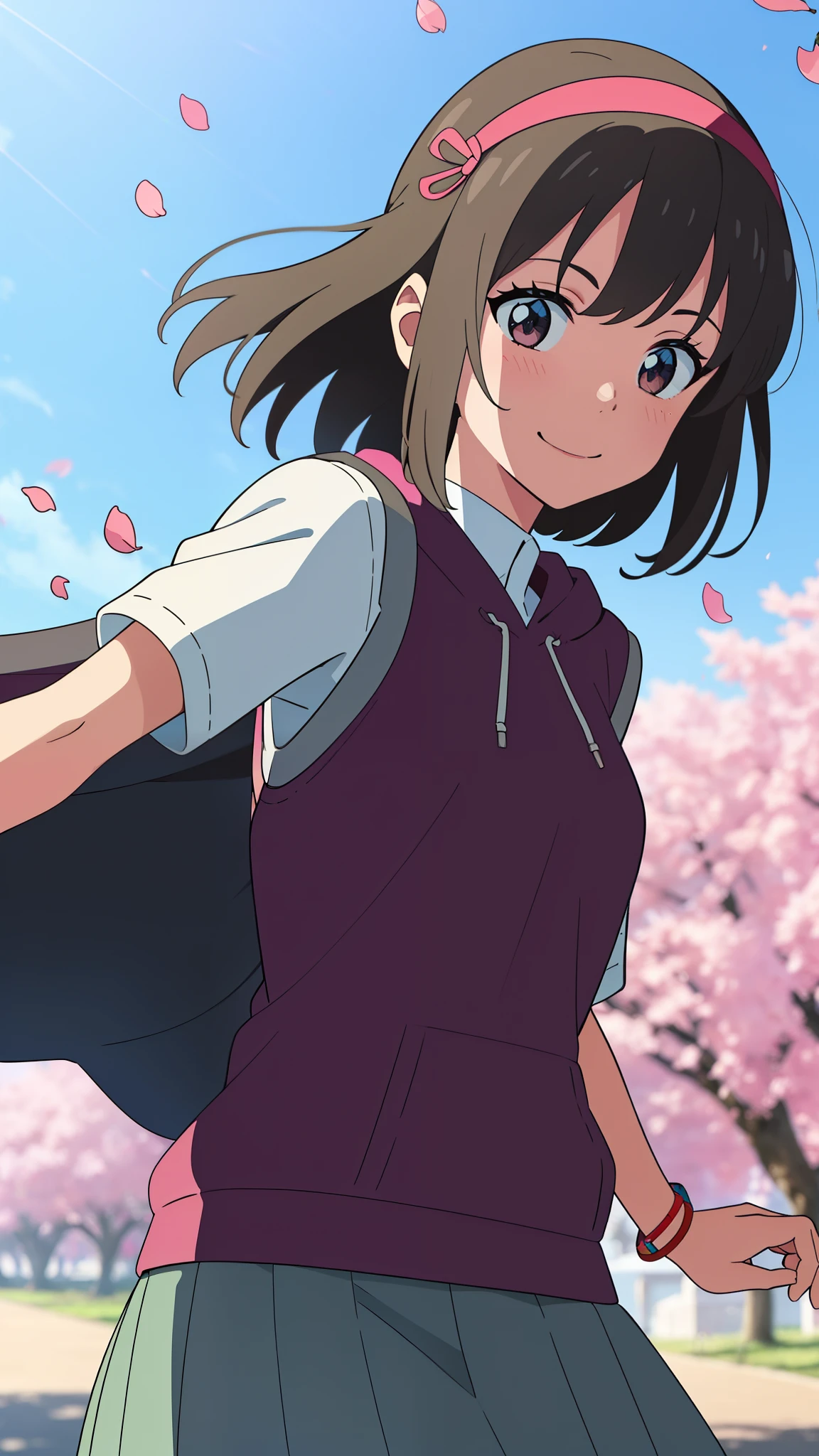 shinkai makoto, kimi no na wa., 1girl, bangs, black hair, blush, bright eyes, brown eyes, red headband, looking at the viewer, hood, hoodie, skirt, blue skirt, short sleeves, short hair, medium breasts, solo, day, outdoors, shiny skin, standing, shadow, smile, happy, bracelet, cherry_blossoms, falling_petals, petals, branch, pink_flower, blue_sky, sunlight, spring_season, wind, tree, upper-body