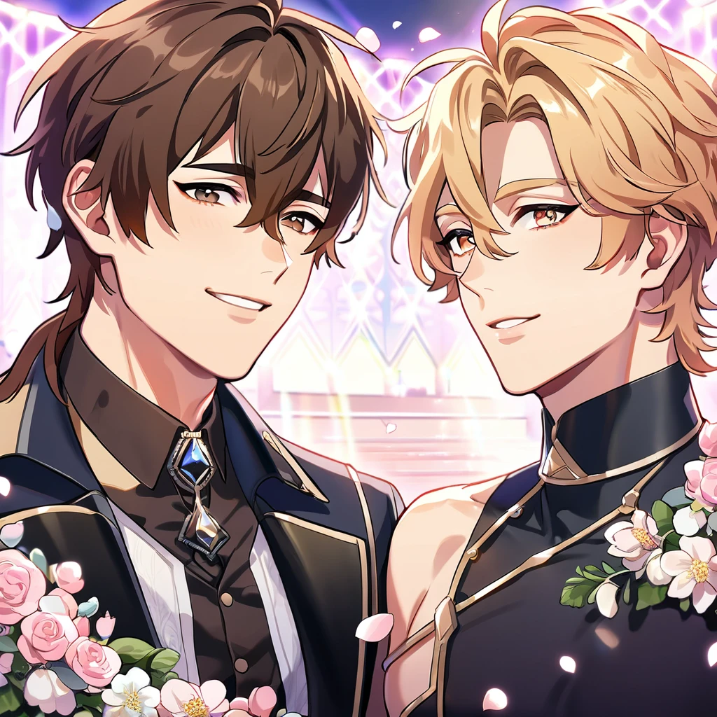 absurdres, highres, ultra detailed, HDR, master piece, best quality, perfect face, beautiful eyes, delicate features, Quincy, blond messy hair, expressive amber eyes, Nu Carnival, Eiden, brown hair, expressive brown eyes, two men together, gay couple, handsome, idols, idol white and black clothes, stage, lights, petals, flowers