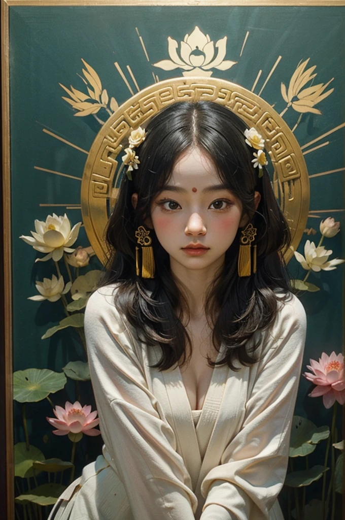 Ancient Chinese Goddess, 南海のKannon, Kannon, Inspired by India, Kannon菩薩,,Calm expression,Shui Mohua,Buddha,Buddha教徒,Lotus,chinese painting style,Thangka Style