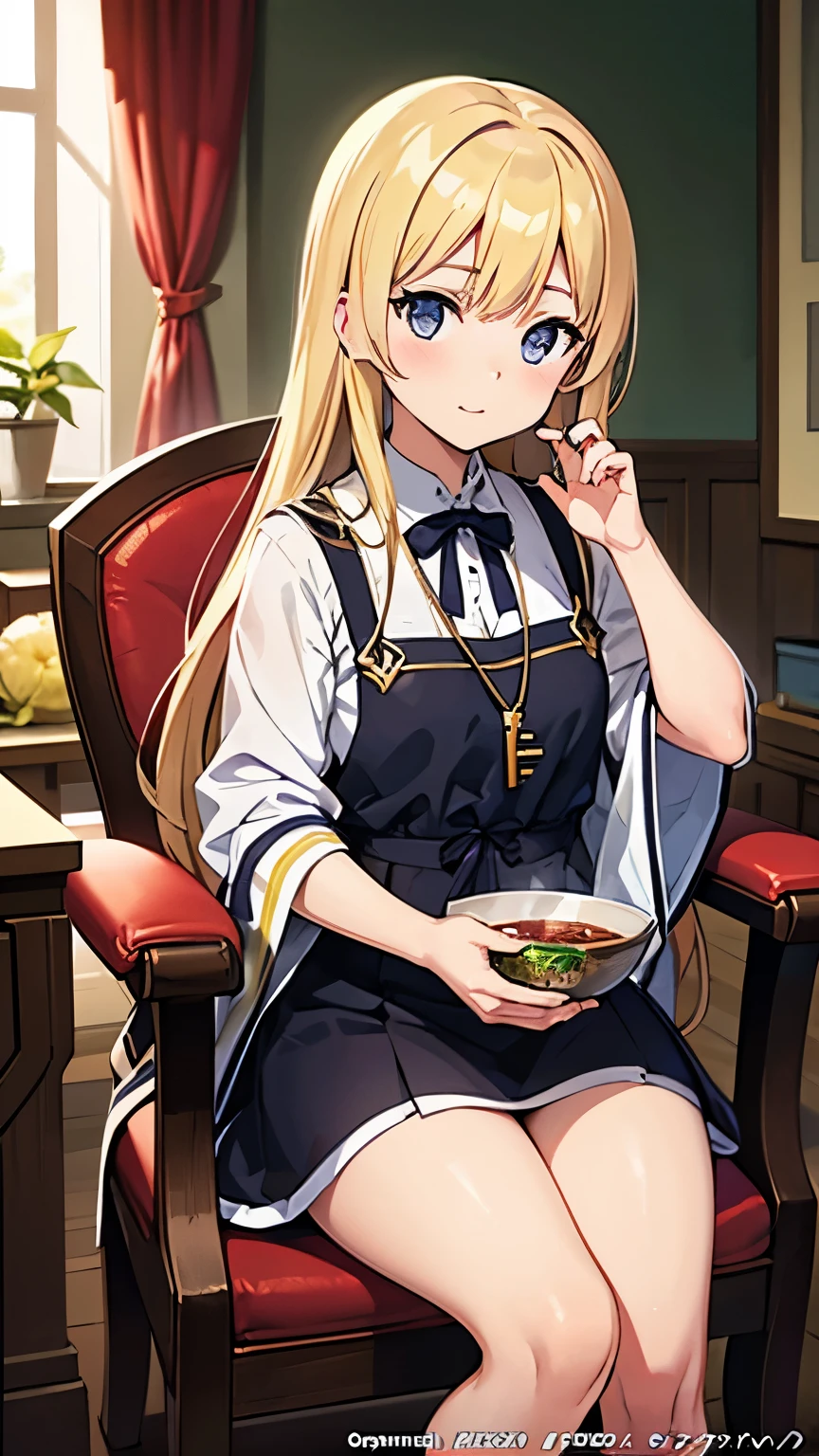 Anime girl sitting in a chair with a bowl of food in her hand, alchemist girl, Light novel cover, official art, epic light novel cover, official artwork, epic Light novel cover, change, Isekai, small curvy change, Condition krenz, Condition, Condition krenz key art feminine, shadow universe style, We