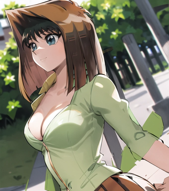 masterpiece, best quality, high resolution,Amazaki, (Antenna hair:1.2), Medium breasts,Green Bow, Orange Jacket, suit, Long sleeve, Green skirt, Pleated Skirt,Huge breasts, Showing cleavage，Perfect body，Her graceful figure, Slim waist，Curve symmetry,Cowboy lens, permanent, outdoor,Smile,Shut up,(whole body:1.5),