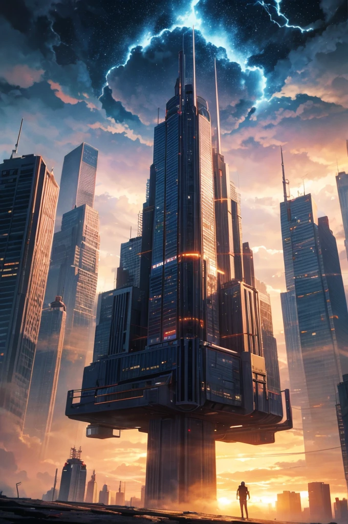 Sci-fi city surrounded by storm clouds at sunset  (retrotide:1) 