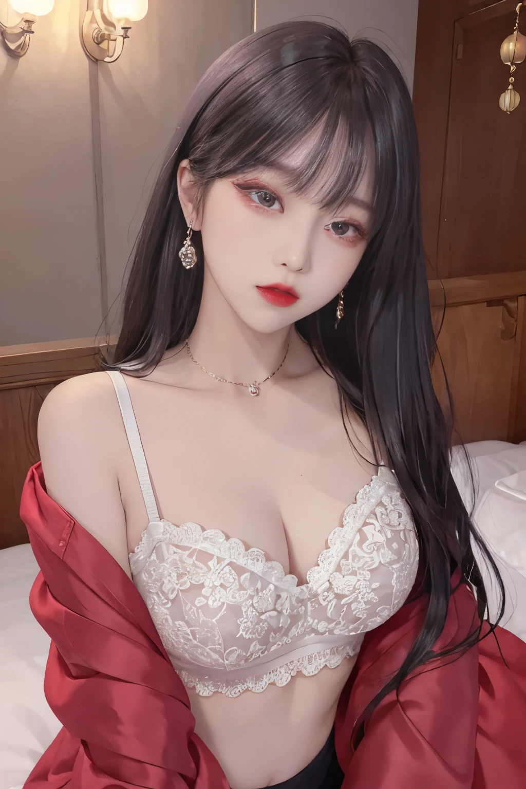 Top image quality、Raw photography、A high resolution、20-year-old cool Korean、big round chest、silk jacket、sexy red lace underwear、Beautiful Eyes of Details、very elongated eyes、Beautiful eyelashes、Beautiful double eyelids、eyeshadows、long legs,medium thighs, beautiful eyes finely detailed、elongated eyes、long eyeslashes、Beautiful double eyelids、eyeshadows、earrings、shiny skin、 1 girl, solo,