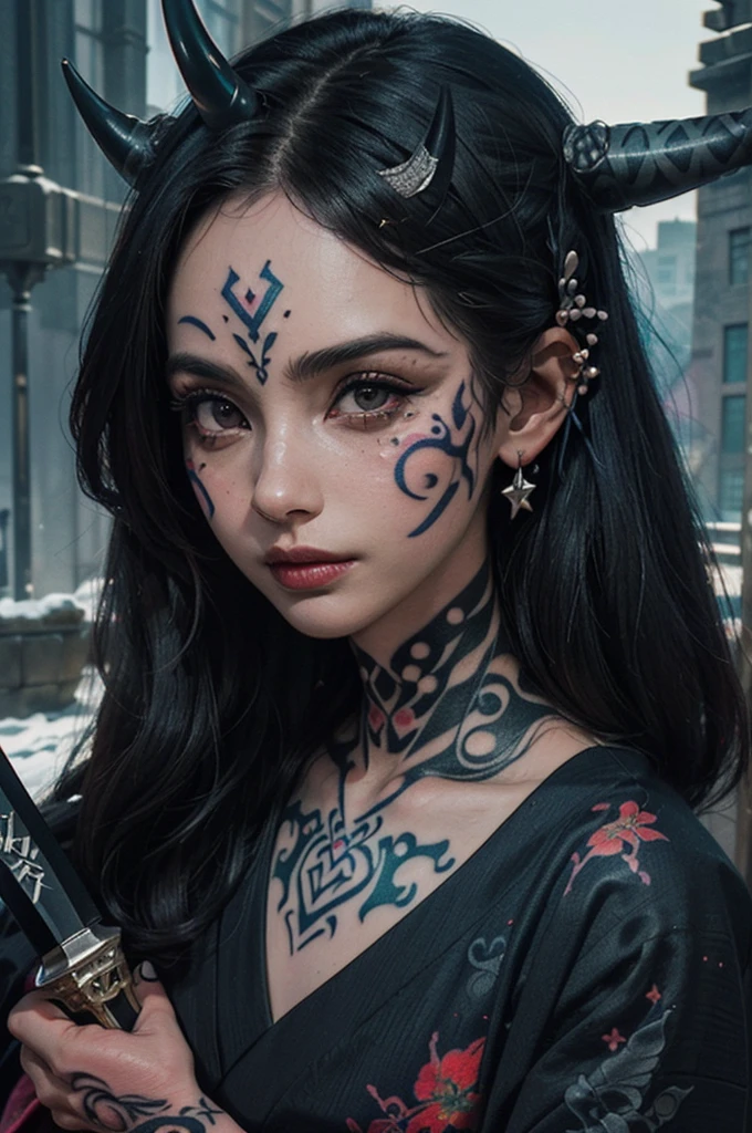 (Realistic:1.3), masterpiece, highest quality, (Intricate details:1.2), (scenery:1.3), Beautiful Face, (Black Theme:1.3), (((1 girl, A girl wearing a patterned kimono and holding a dagger in her hand, (Mira Waiwer:1.3), (Face Tattoos:1.2), Small demon horn, ))), whole body, Divide in half
