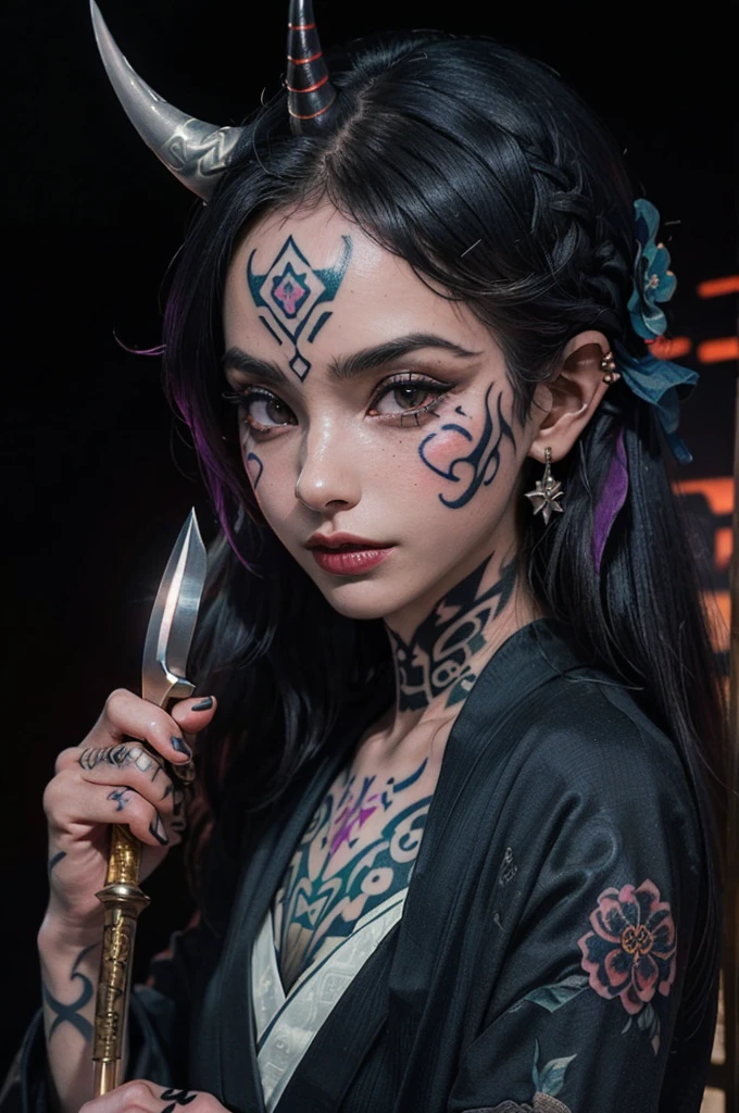 (Realistic:1.3), masterpiece, highest quality, (Intricate details:1.2), (scenery:1.3), Beautiful Face, (Black Theme:1.3), (((1 girl, A girl wearing a patterned kimono and holding a dagger in her hand, (Mira Waiwer:1.3), (Face Tattoos:1.2), Small demon horn, ))), whole body, Divide in half
