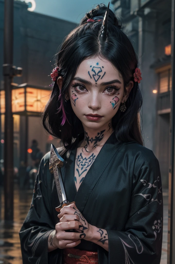 (Realistic:1.3), masterpiece, highest quality, (Intricate details:1.2), (scenery:1.3), Beautiful Face, (Black Theme:1.3), (((1 girl, A girl wearing a patterned kimono and holding a dagger in her hand, (Mira Waiwer:1.3), (Face Tattoos:1.2), Small demon horn, ))), whole body, Divide in half
