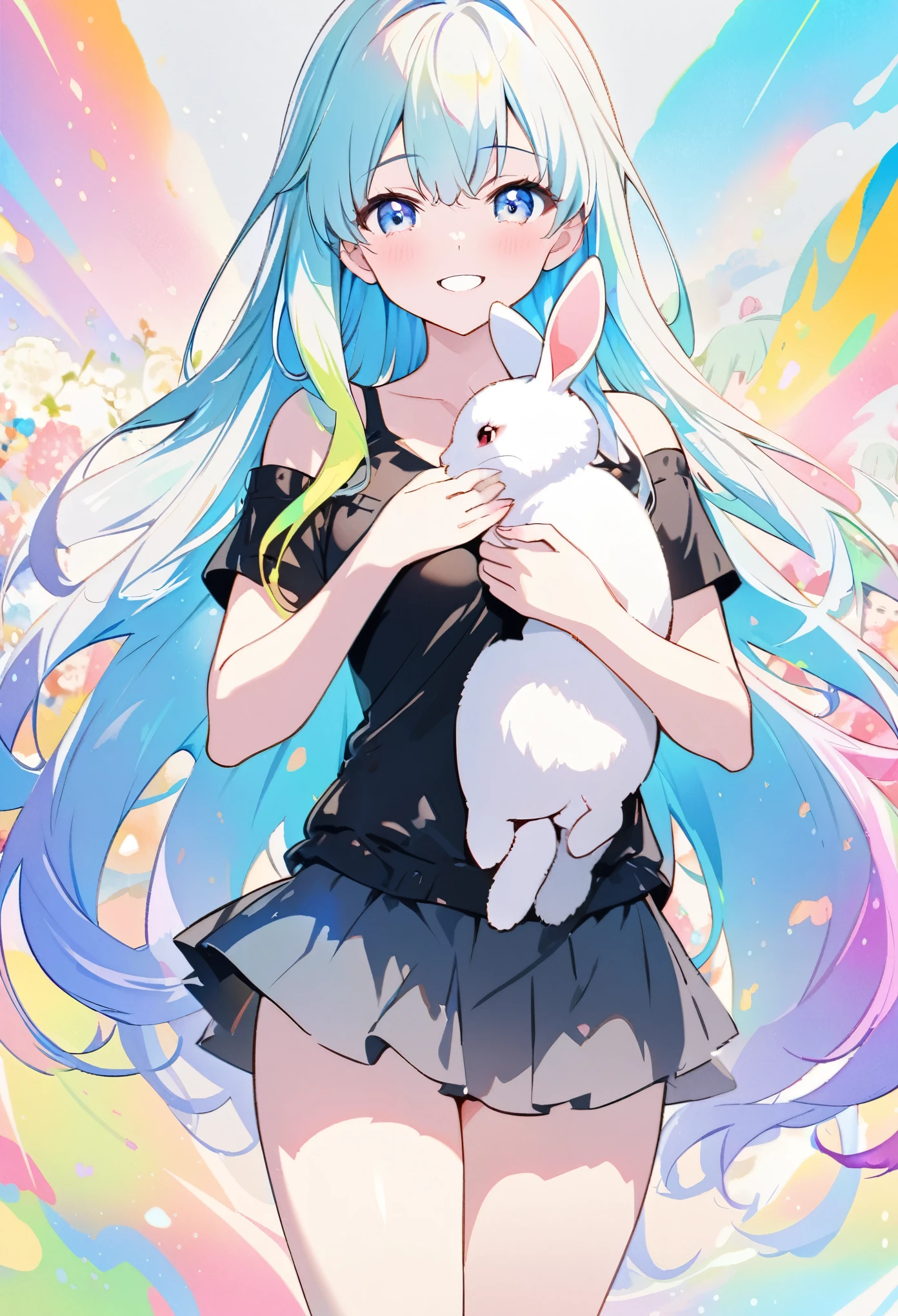 Japanese anime, a Baby Rabbit and a girl, Under the rainbow sky, a Baby Rabbit, Carefully written, Smiling cute girl, a Baby Rabbit, And flowers, Bold and powerful lines, Vibrant, thick paint, Light solid colors. background, Beautiful evidence, Maximum resolution 16K, beautiful anime girl betrayed by a Baby Rabbit, Long Hair, Baby Rabbit, Beautiful gentle eyes with light cyan highlights, キラキラ輝くbackground, gentle air with diamond highlights Beautiful girl with good bright colorful hair, Black tank top and mini skirt, Intense watercolor, colorful, Honeydew and Diamonds, Light cyan and white with light effect, wallpaper, architecture, high quality, high resolution, Large amount of drawing , Pixiv illustration, Transparency, Japanese anime, Upper Body, White Tone, Delicate brushwork, Unique colors