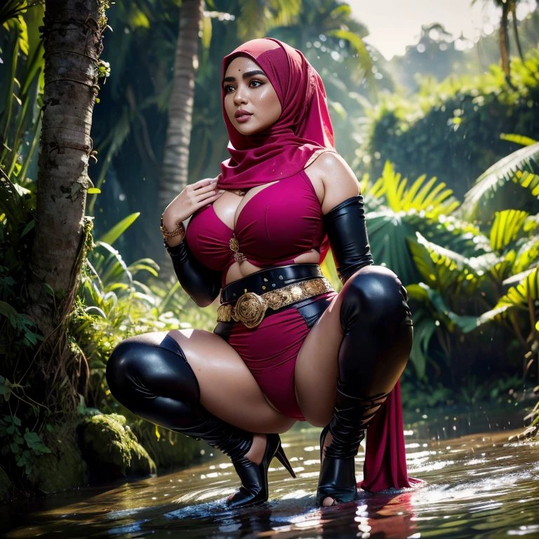 (((Two:2 Malay hijab girls in group, super gorgeous malay girls with big breasts, big breasts, big breasts, two:2 MAPAY women in lingerie posing for a picture in a jungle, oppai, posing together in bra, MIRA FILZAH and IMAN TAYORE, red bra, all red, oppai proportions, sexy :8, 4k))), 4 k ], big breasts!, bottom angle, big breasts!!, Malay beauties, biomechanical oppai, fujita goro and jones, thicc,RAW, Best quality, high resolution, masterpiece: 1.3), beautiful Hijab Malay woman in raincoat, high resolution, Masterpiece: 1.3,  Masterpiece, Soft smile,  black hair, crouching on rock, raining, vines all around, giant and wet trees ,bright sunshine, highres,4k,HDR,2 girls, photorealistic, realistic,sweat skin, wet bikini, wet body, big breast, ((full body))soaked, dripping, smiling at viewer, closeup, wearing hijab, hijab star, hijab gorgeous, hijab super model, Malaysian girls group,malay, The whole body consists of a young girl with hijab, Eye makeup, 21yo, Cat ears, Soft lighting, group, Wear shabby clothes, Dirty, Tattered futuristic bikini, Cat's paw badge, Pose, spot color, rendering by octane, Ultra-realistic intricate details, Cinematic, 8K resolution, 70mm, emphasis lighting, Global illumination, Full body portrait, clean detailed faces, Complex clothing, Cute face,  (((wearing a Sexy belt design by LV))) Surreal full-body figure, Beautiful and delicate body and face, gorgeous figure, ssmile, Titillating，Surreal full-body figure，Beautiful and detailed body and face, Super vista, White skin of the, vivd colour,🔥8k, masterpiece, RAW photo, best quality, (18k detail:1.2), photorealistic, extremely, deep shadow, earrings, bracelets, necklace,