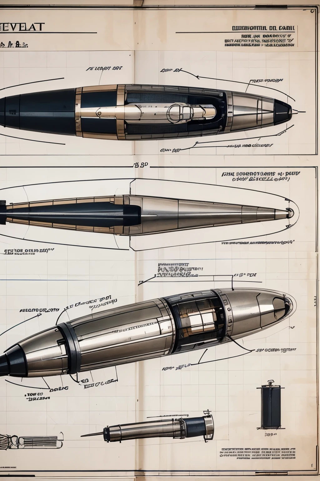 Highly detailed technical drawing of a vibrator The illustrations should include a side view, cross-sections, and exploded views to show both the exterior and interior components. Labeled parts with annotations specifying materials, dimensions, and other engineering specifications. Style vintage engineering blueprint, and educational intent