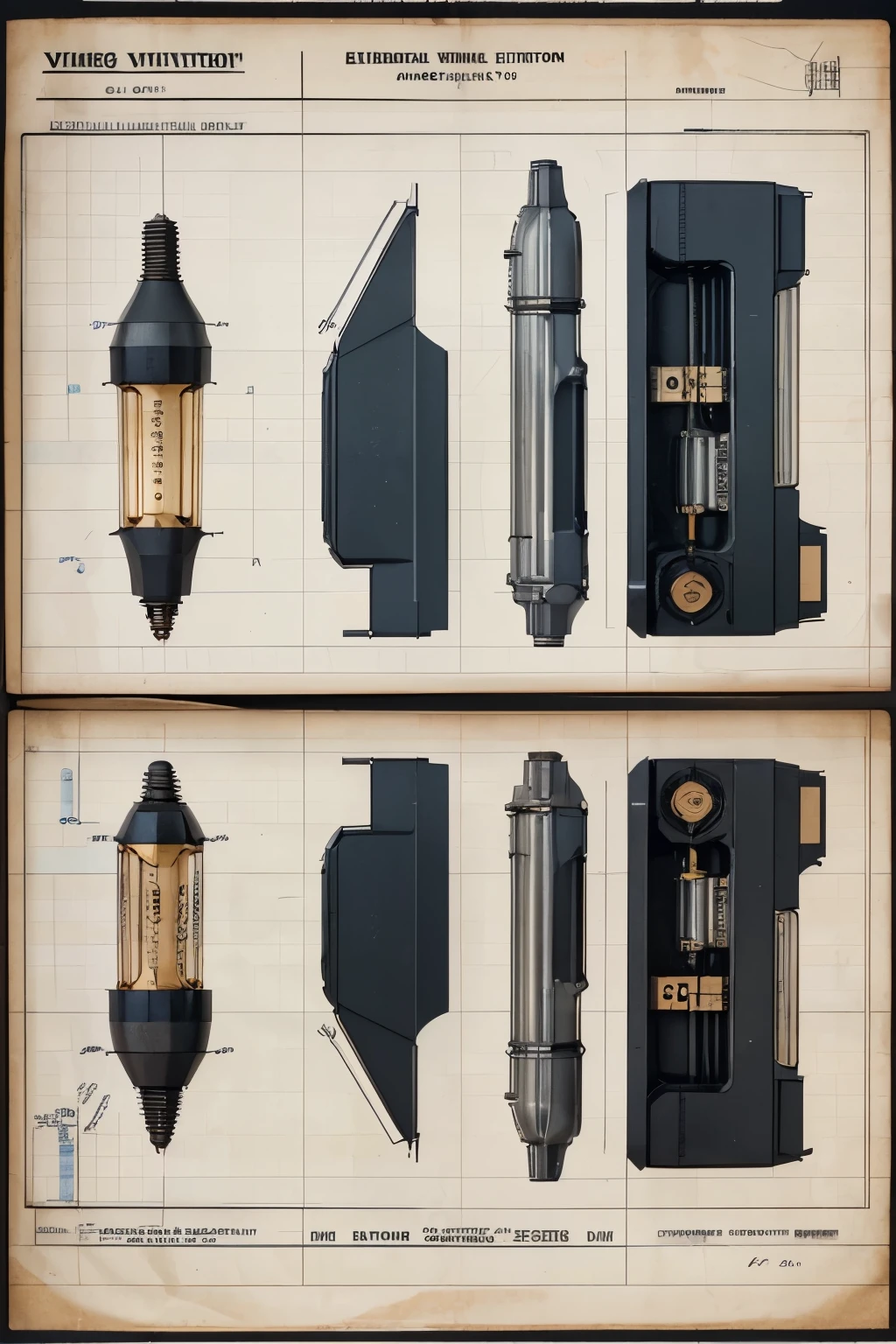 Highly detailed technical drawing of a vibrator The illustrations should include a side view, cross-sections, and exploded views to show both the exterior and interior components. Labeled parts with annotations specifying materials, dimensions, and other engineering specifications. Style vintage engineering blueprint, and educational intent