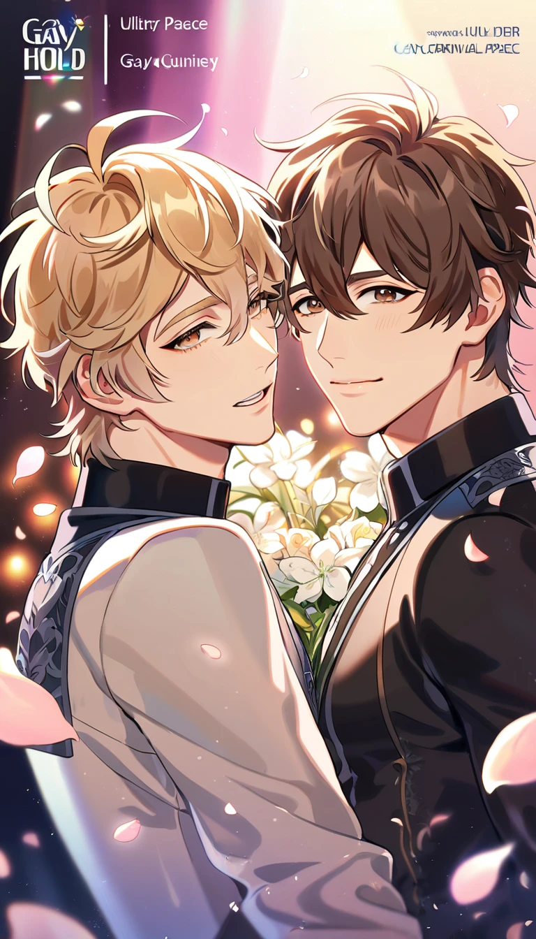 absurdres, highres, ultra detailed, HDR, master piece, best quality, perfect face, beautiful eyes, delicate features, Quincy, blond messy hair, expressive amber eyes, Nu Carnival, Eiden, brown hair, expressive brown eyes, two men together, gay couple, handsome, idols, idol white and black clothes, stage, lights, petals, flowers