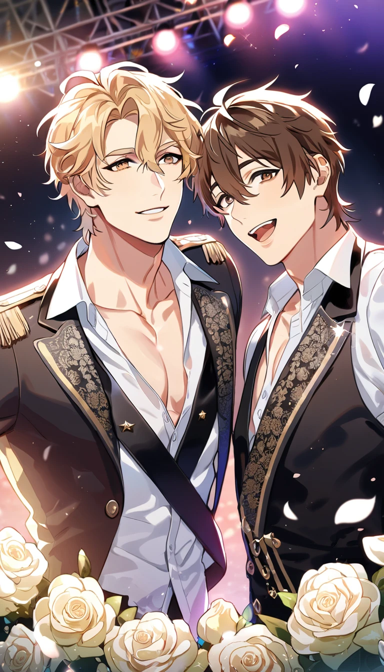 absurdres, highres, ultra detailed, HDR, master piece, best quality, perfect face, beautiful eyes, delicate features, Quincy, blond messy hair, expressive amber eyes, Nu Carnival, Eiden, brown hair, expressive brown eyes, two men together, gay couple, handsome, idols, idol white and black clothes, stage, lights, petals, flowers